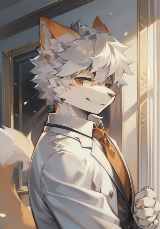 high quality，masterpiece，White fur，Orange fur，Handsome，hansome，Silver hair，White male cat，Wearing a suit