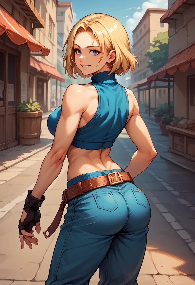 score_9, score_8_up, score_7_up, BREAK, score_9, bmarydg, blonde hair, smile, sleeveless turtleneck, sleeveless, baggy pants, loose belt, crop top, blue_Pants, fingerless gloves, blue eyes, looking at viewer, cowboy shot, ass, from behind, street