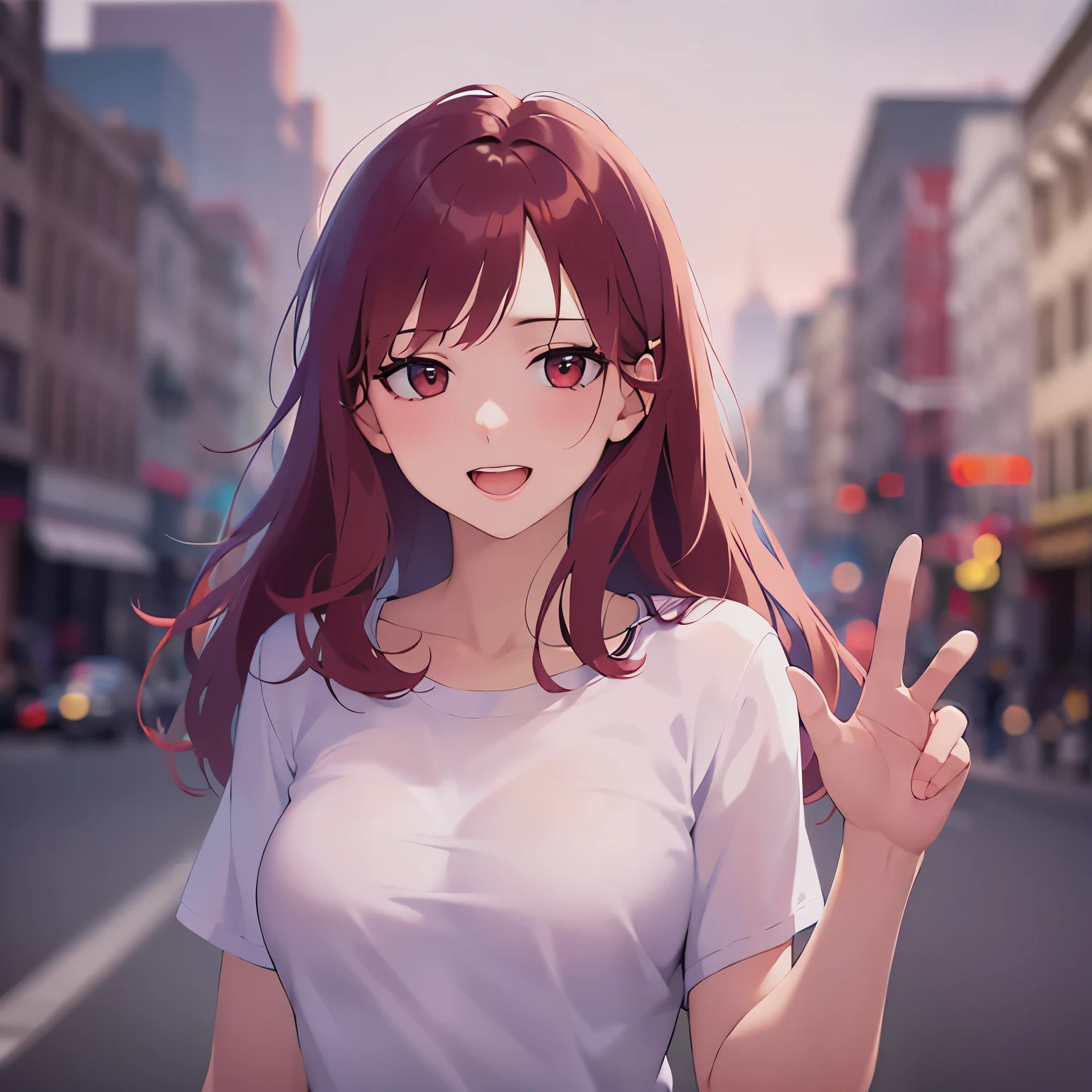 (looking at viewer:1.5)Upper Body, waving hand,
Realistic, real person, RAW photo, photorealistic, portrait photography, shiny skin,
25-year-old woman、(Medium Hair) and (red hair) and (red eyes),
Wearing a white T-shirt、
smile, open mouth,,park、(alone:1.5)