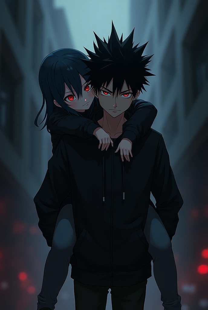 A boy ((( anime boy , Spiky hair , black hair , black hoodie , blood red eyes , narrowed eye , bleeding on the cheeck ))) , A girl ((( anime girl , dark blue hair , modern day mullet hair style , black hoodie , red eyes , almond eye ))) , boy carrying girl , girl behind boy , piggy back ride , dark background , fire in background , destructive background , surrounded by zombies