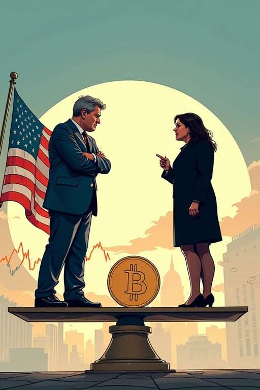 Political cartoon style illustration of a large balance scale. On one side, Robert F. Kennedy Jr. stands, looking thoughtful. On the other side, silhouettes of Trump and Harris. The fulcrum of the scale is a large Bitcoin symbol. Kennedy is stepping off his platform, causing it to rise and the Trump-Harris side to lower. In the background, a US flag and a stock market chart. Use bold lines and a limited color palette for clarity in social media posts.