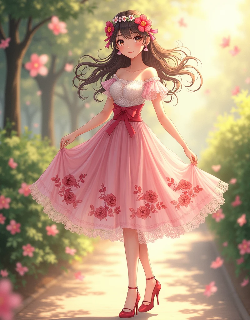 Ultra high quality,Long legs,Smile,Sunlight,Lace off-the-shoulder,Wear flowers on your head,student,charming,Ribbon,Pink skirt,Flowers on skirt,High heel,School Belle,whole body