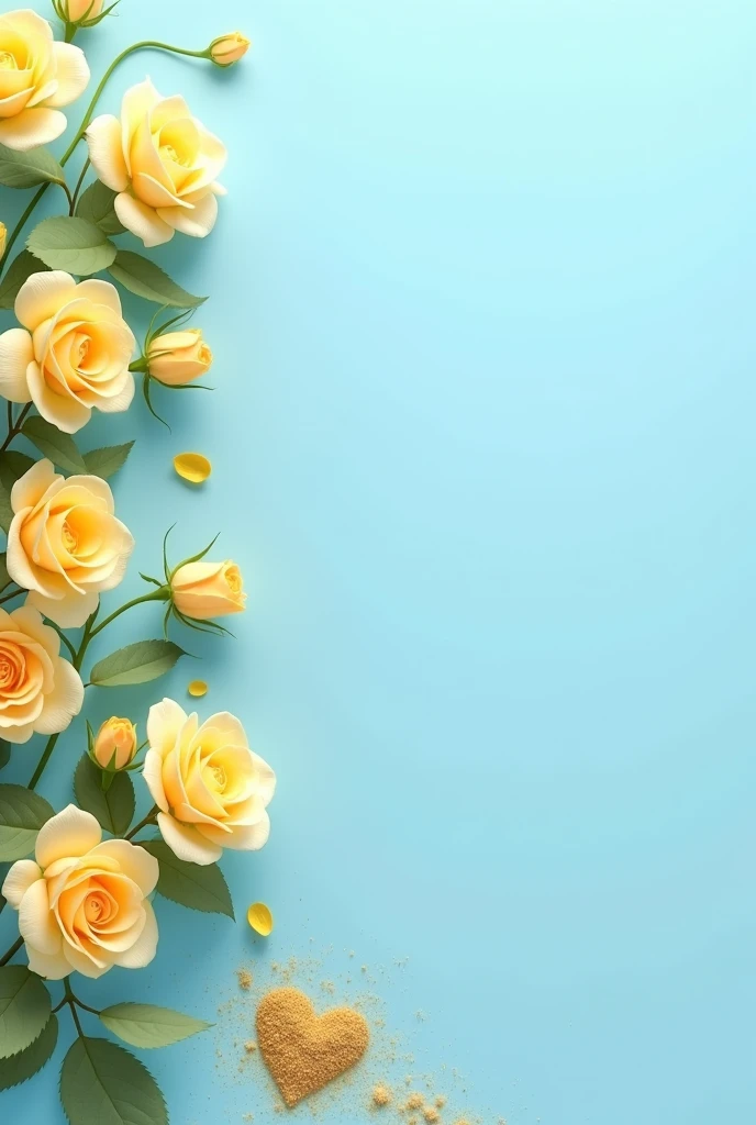 High quality image , 4k. Many small yellow roses on the left side , skyblue background,  smooth texture,  some golden sands in the bottom.  Yellow line in the right side small heart shape above the golden sands