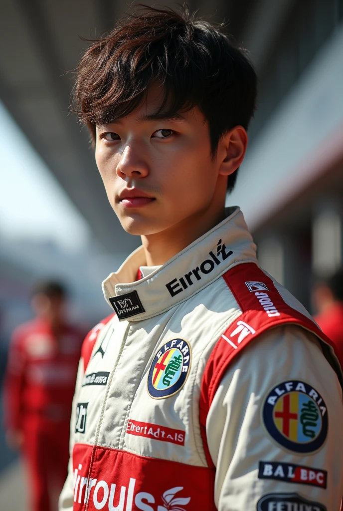 young korean, Dark brown hair, dark brown eyes, formula one racing clothing, high, Beautiful, serious, alfa, age of twenty-one, man