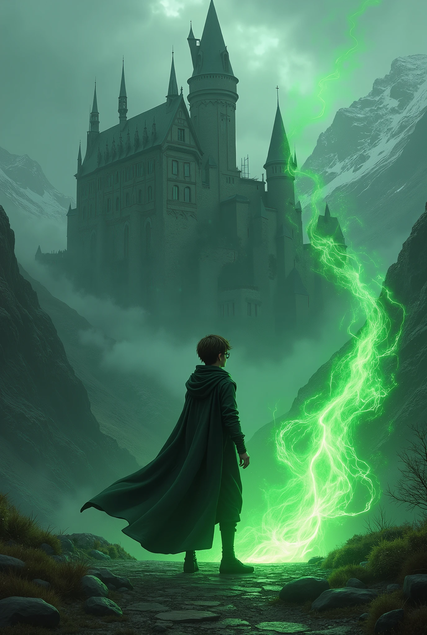 A 23-year-old wizard boy, with short hair, Brown color. He wears a black cape and clothing with subtle hints of green.. He also wears black glasses.. It is located in front of a very large castle., old baroque style, It also has a very sinister aura., which rests on some green and somewhat snowy mountains. The weather is cold and very cloudy. Has a green aura around him. It also generates green fire.. She has a slender body.