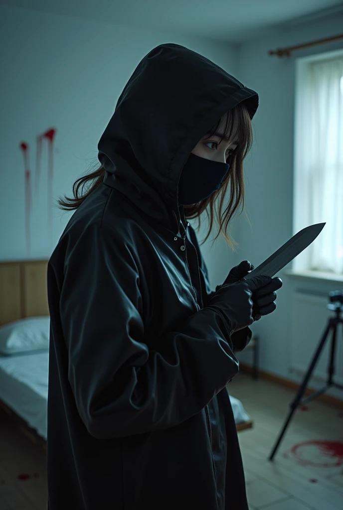 korean girl, (behind stiff, holding knife), stabbing, black surgical mask, black leather gloves, bed room, black raincoat, girl only, hood up, wave hair, holding knife, leather gloves, woman on top, behind cadaver, looking at viewer, blood splatter, white room, night, by the window mass murderer, killer, blood splatter, tripod and camera in the back, shooting with camera
