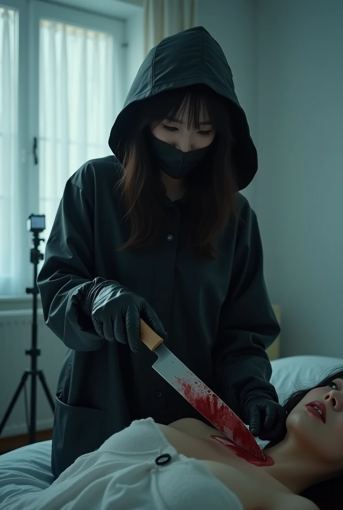 korean girl, (behind stiff, holding knife), stabbing, black surgical mask, black leather gloves, bed room, black raincoat, girl only, hood up, wave hair, holding knife, leather gloves, woman on top, behind cadaver, looking at viewer, blood splatter, white room, night, by the window mass murderer, killer, blood splatter, tripod and camera in the back, shooting with camera
