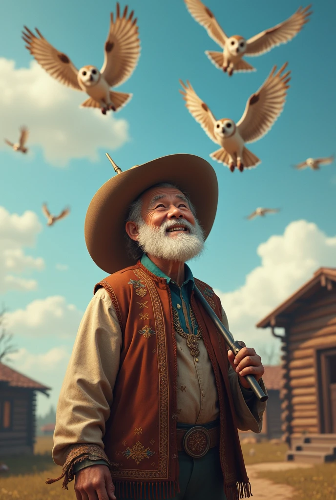happy elderly man looking at the sky with northeastern cowboy costume holding umbrella in the background flying owls and lodges
