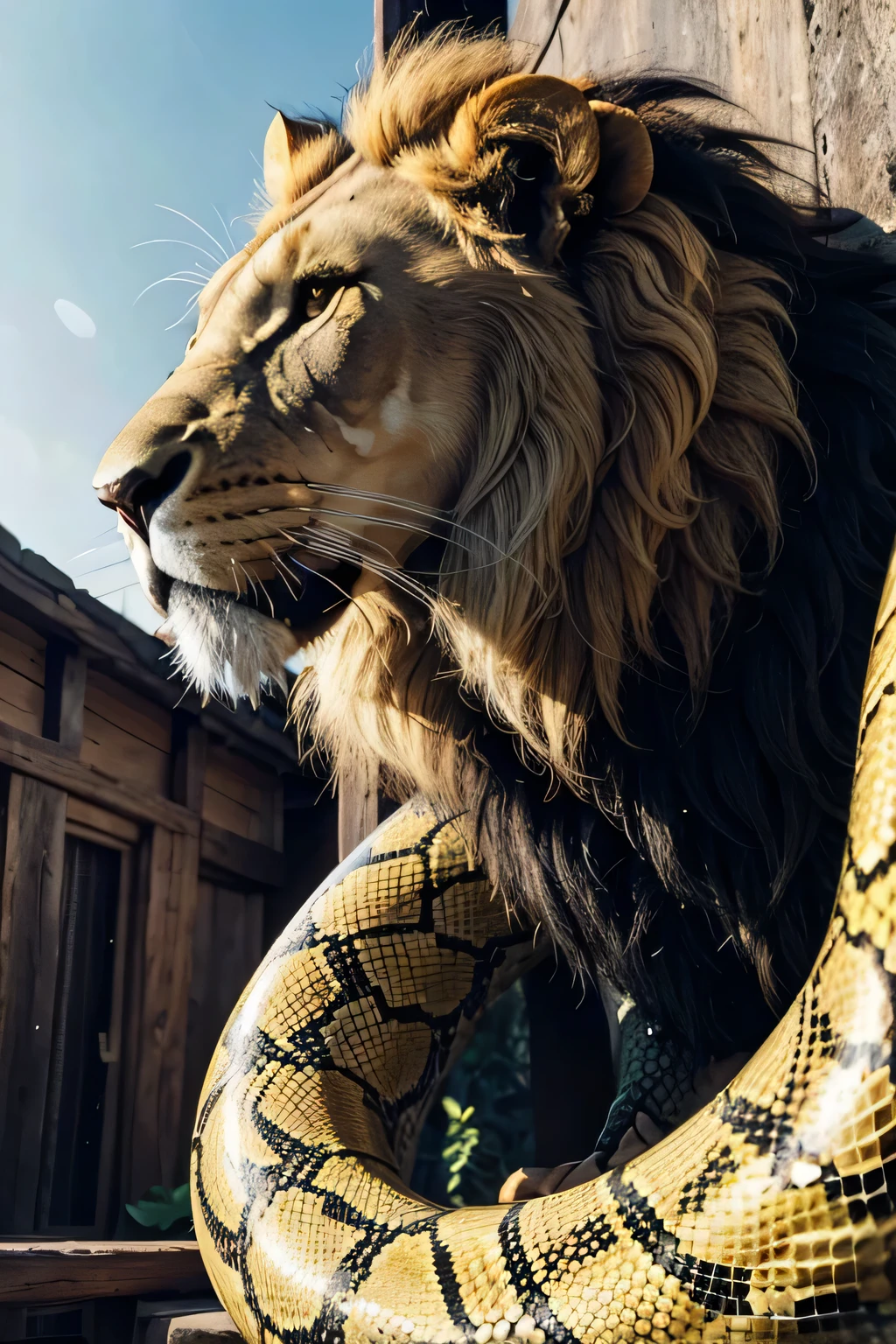 Lion with snake tail, with golden color, staring at the observer 