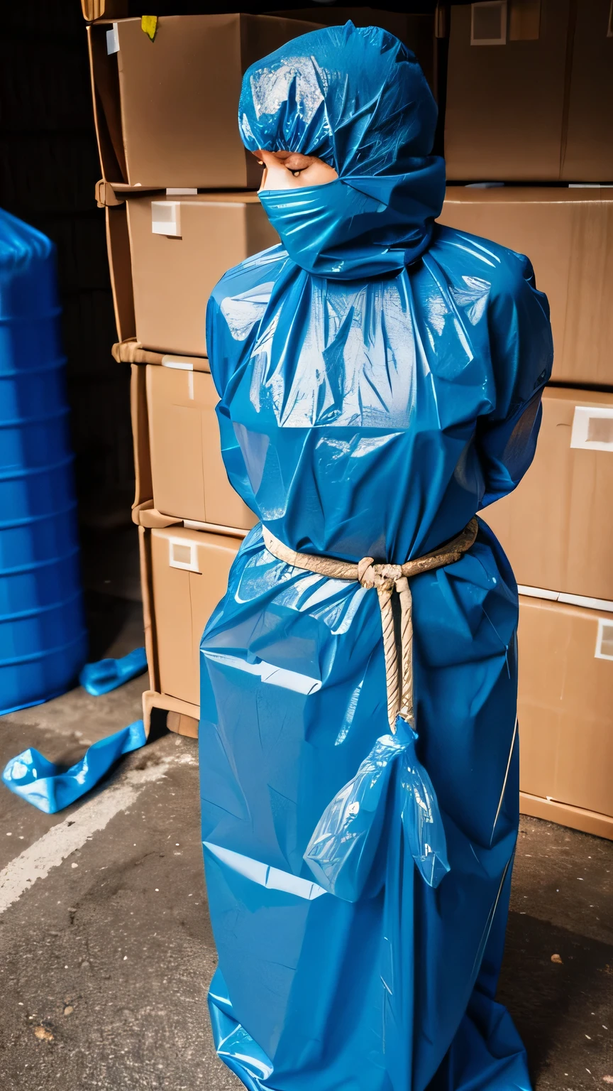 a faceless female figure completely wrapped up from head to toe in blue plastic garbage bags is tightly tied up with rope wrapped around her like a helpless living mummy, she is completely covered with plastic, she is squeezed inside a carboard box, forced against her will, bright day, extremely photorealistic photo, highly detailed photo, portrait