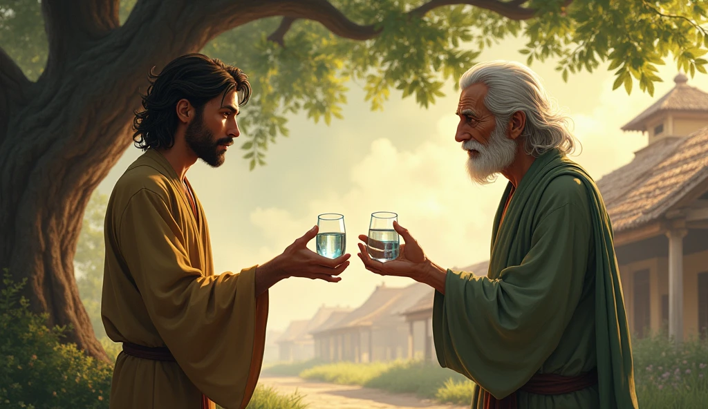 "The wise elder is holding out a small, clear glass of water, half-filled. The young man is standing next to him, holding the glass in his hand with a confused expression. The elder explains the lesson calmly, gesturing towards the glass, while the young man begins to understand. The scene is set under the shade of the large banyan tree, with the village in the background and a soft, warm light highlighting the peaceful atmosphere."
