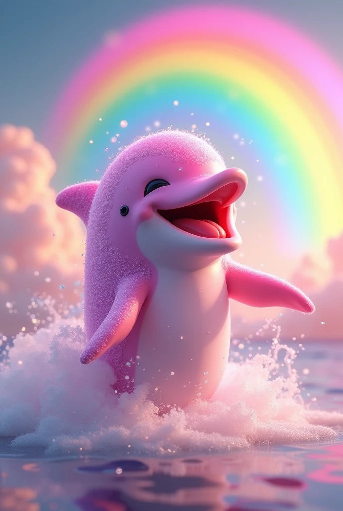 Create a dolphin image with a rainbow in the background laughing and pink with glitter