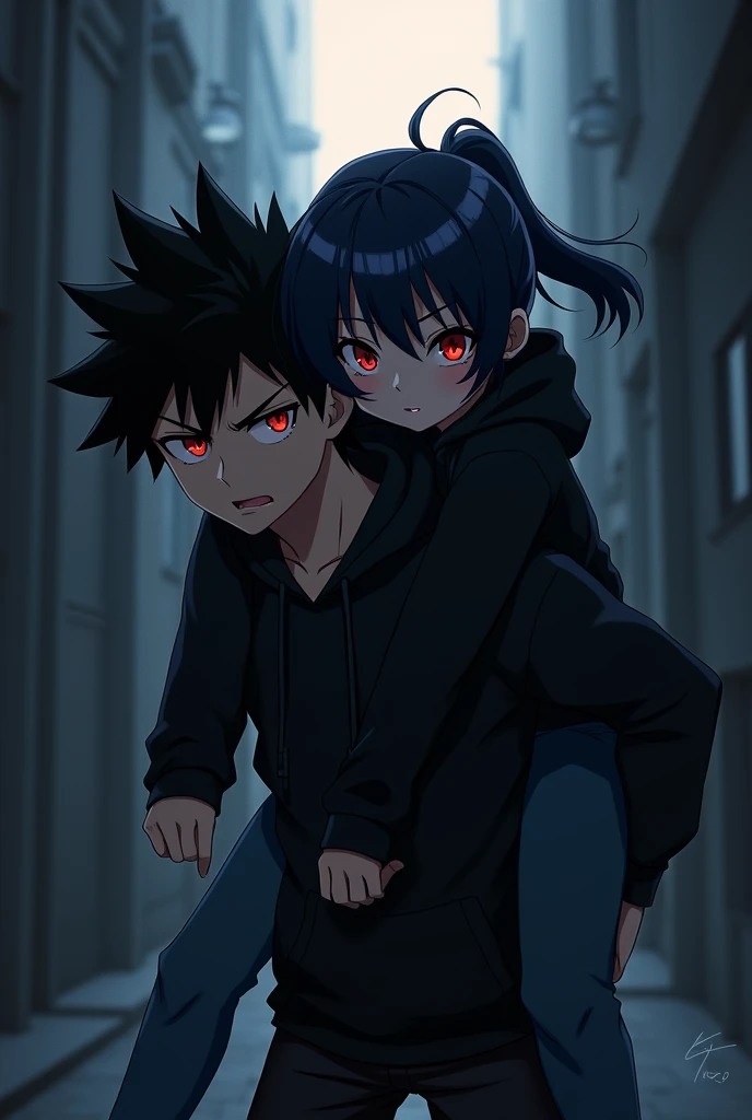 A boy ((( Anime boy , Spiky hair , black hair , black hoodie , blood red eyes , narrowed eye
 ))) , A girl ((( Anime girl , dark blue hair , modern day mullet hair style , black hoodie , red eyes , almond eye ))) , boy carrying girl , girl behind boy , piggy back ride , dark background