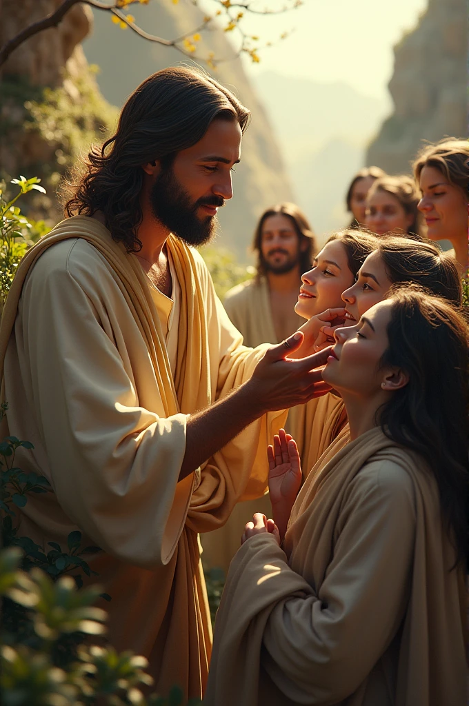 Jesus walking among the survivors touching and caring for the sick and the sick people&#39;s faces are laminated with hope the scenery around should begin to show a scenario should show signs of regeneration and life 