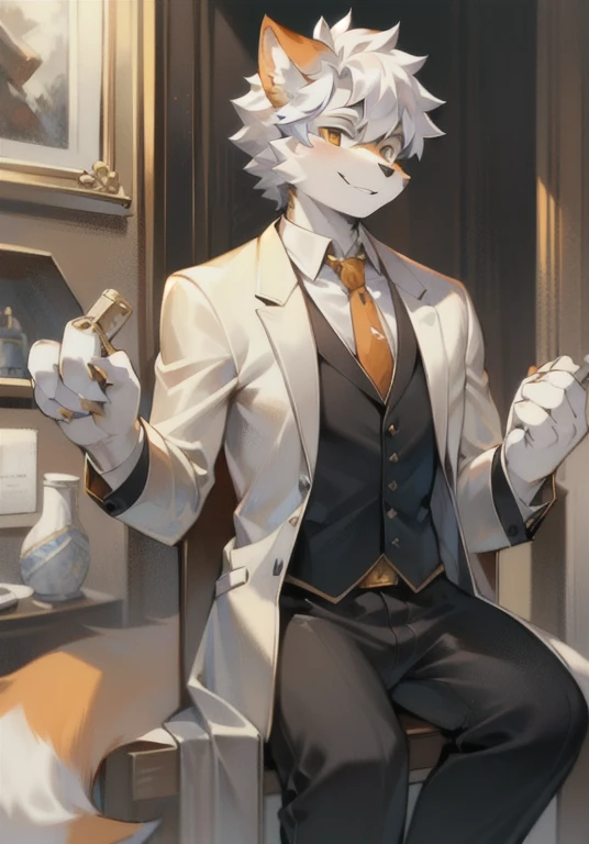 high quality，masterpiece，White fur，Orange fur，Handsome，hansome，Silver hair，White male cat，Wearing a suit，full-body shot