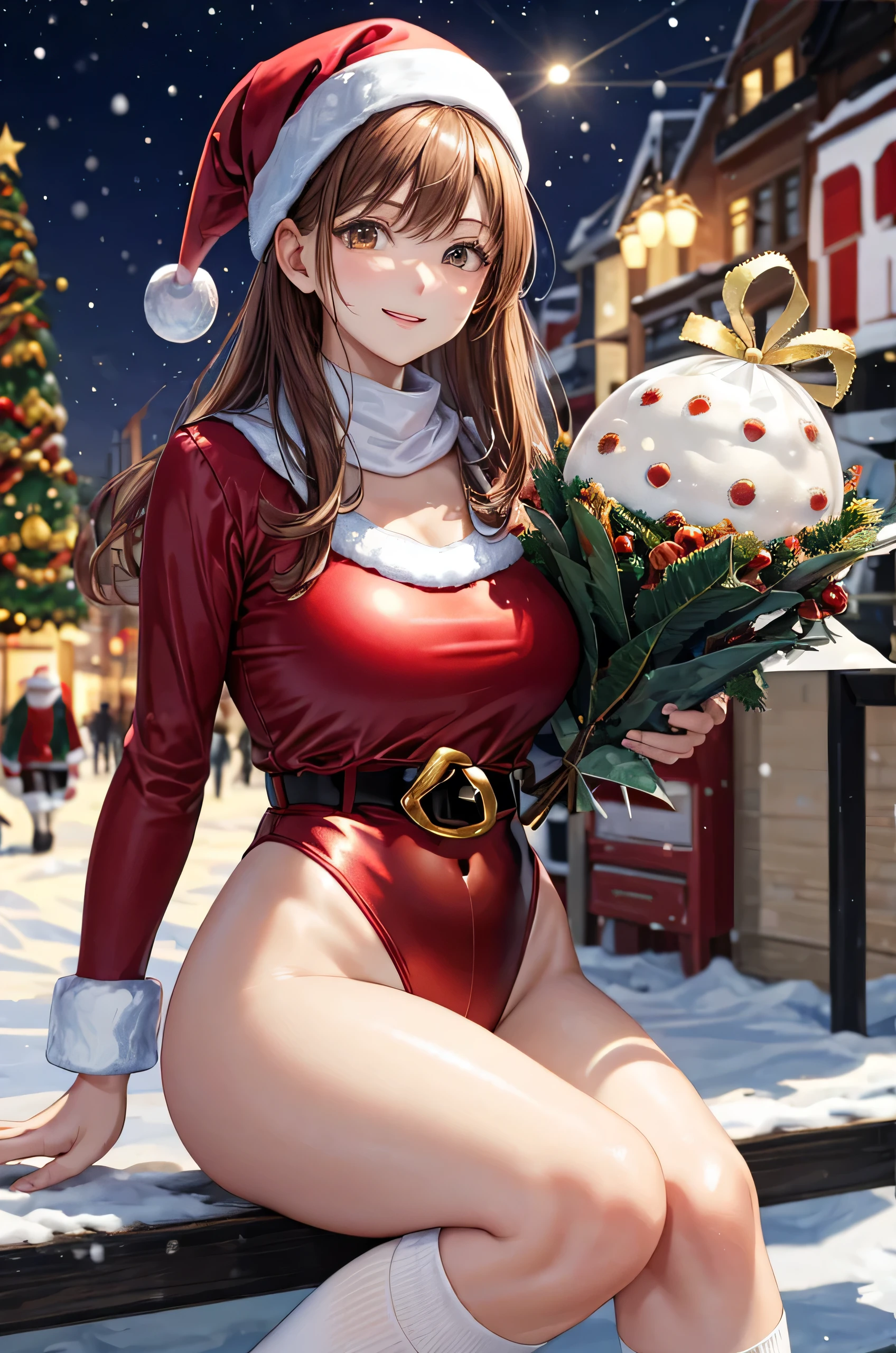 top-quality、Full limbs、complete fingers、Slender beauty、straight haired、Red hair、Beautiful Large Breasts、(Detailed ultra-oily shiny skin:1.1)、oily shiny thighhigh、(Perfect bright red Santa Claus leotard:1.3)、((White High Socks))、Wearing a Santa Claus hat、((Wearing a Santa Manto))、Beautiful、A smile、Winter cityscape、shopping street、It's snowing、white Christmas、Christmas cakes are sold in stores