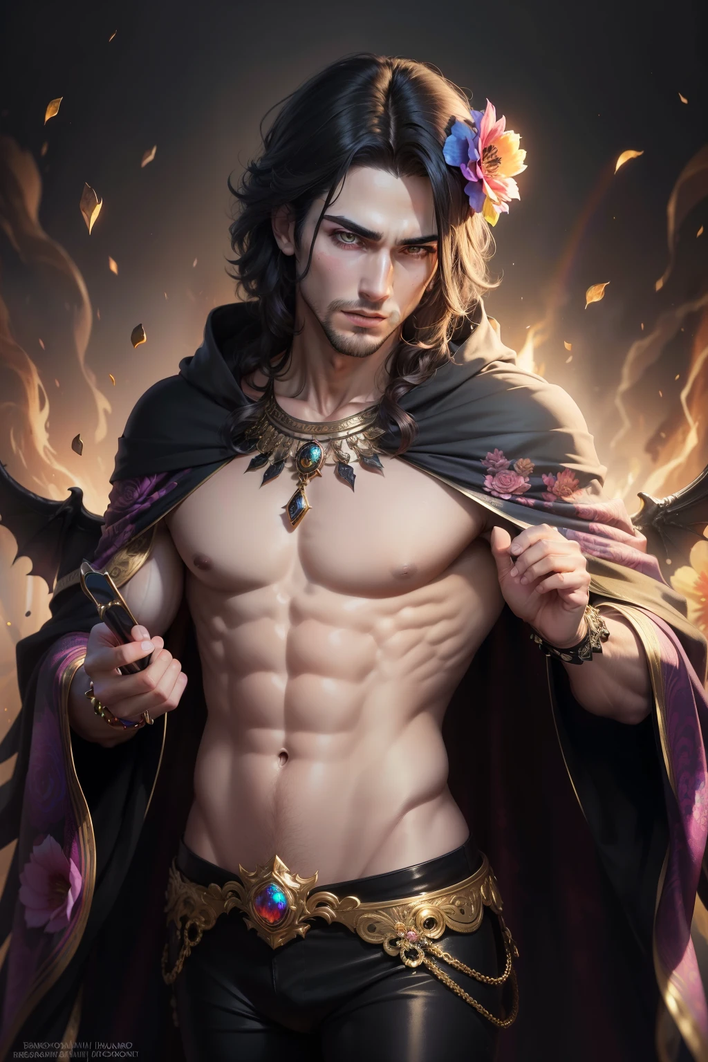 (8k,photorrealistic CRU photo Maximum quality;1.4) (ung boy) Super handsome king of the underworld (lifelike face) (Medium hair rainbow flower) slenderbody Muscular and macho Red aristocratic costume and rainbow flower with big golden eyes Rainbow flower decoration Fangs peeking out of the mouth Pointed claws a seductive gaze Beautiful expression A hyper-realistic (King of the Underworld) appealing (real looking skin) super high resolution high détail Luxurious black and rainbow pants Rainbow flower aura emanating from the body effect rainbow flower cloak