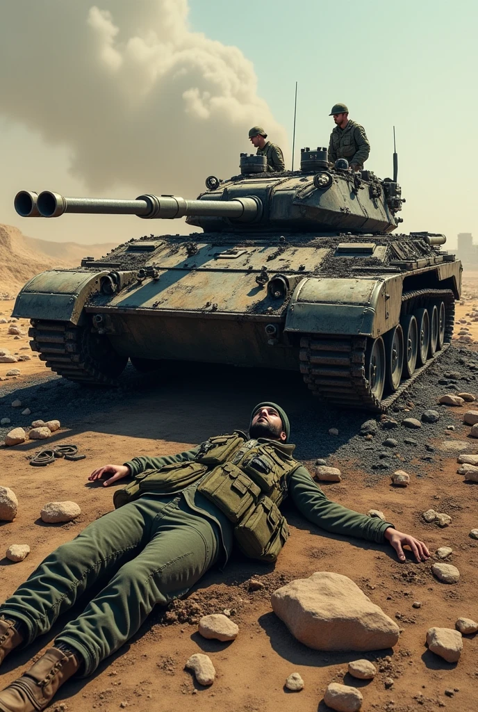 A destroyed and burned Israeli tank with soldiers killed on top of it