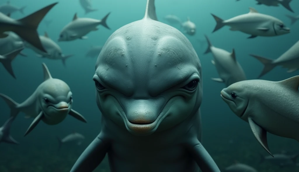 The dolphins don&#39;t want to eat the fish、The dolphin has a troubled look on its face、high resolution、Horror