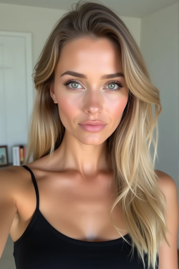 A Beautiful realistic healthy woman wearing black dress straight blond hair white skin, realistic selfie, no expressions