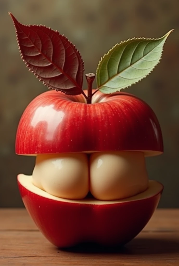 A surreal digital artwork featuring a large, bright red apple-like fruit with a smooth, glossy surface and subtle highlights. The fruit is split open, revealing a human buttocks, creating a striking visual juxtaposition between organic shapes. The buttocks are rendered in a light beige tone, contrasting sharply with the vibrant red of the fruit. Two leaves emerge from the top of the apple: a dark red leaf on the left with detailed veins and a slightly translucent appearance, and a lighter green leaf on the right with prominent, serrated edges and visible veins. The background is a muted brown with an abstract, blurred effect, resembling a shadowy frame or wall that enhances the focus on the central subject. The lighting is soft and diffused, creating a balanced exposure with moderate contrast and saturation, while highlighting the contours of the fruit and leaves. The overall composition is centralized, with the apple-like fruit taking up most of the frame, resulting in a whimsical and surreal atmosphere. The image has a semi-transparent overlay, adding depth and complexity to the surreal and provocative scene.