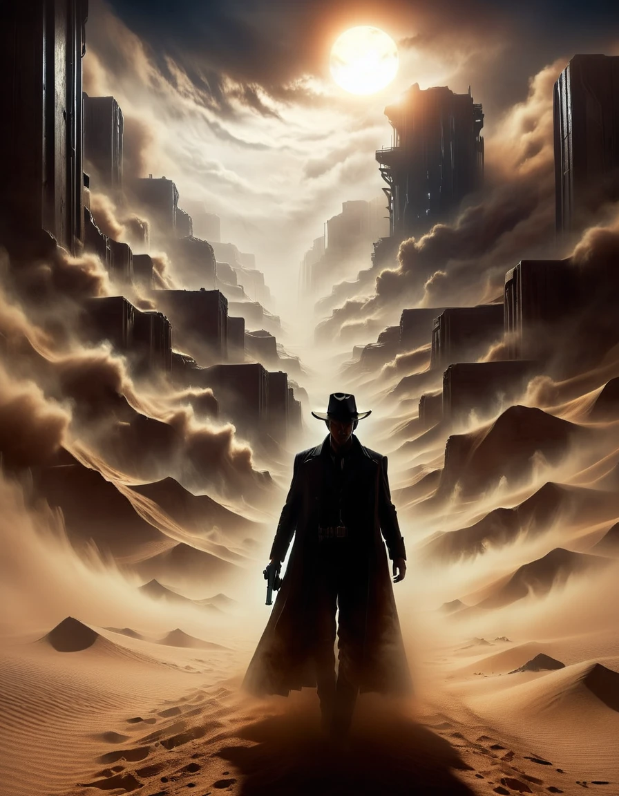 Roland of Stephen Kingâs The Gunslinger, back view, a sci-fi gunslinger amidst a deserted world with a distant glass tower, wearing long dirty coat, sandstorm, dust-covered sun, futuristic western, extremely detailed, cinematic light, masterpiece, ais-sinisterz