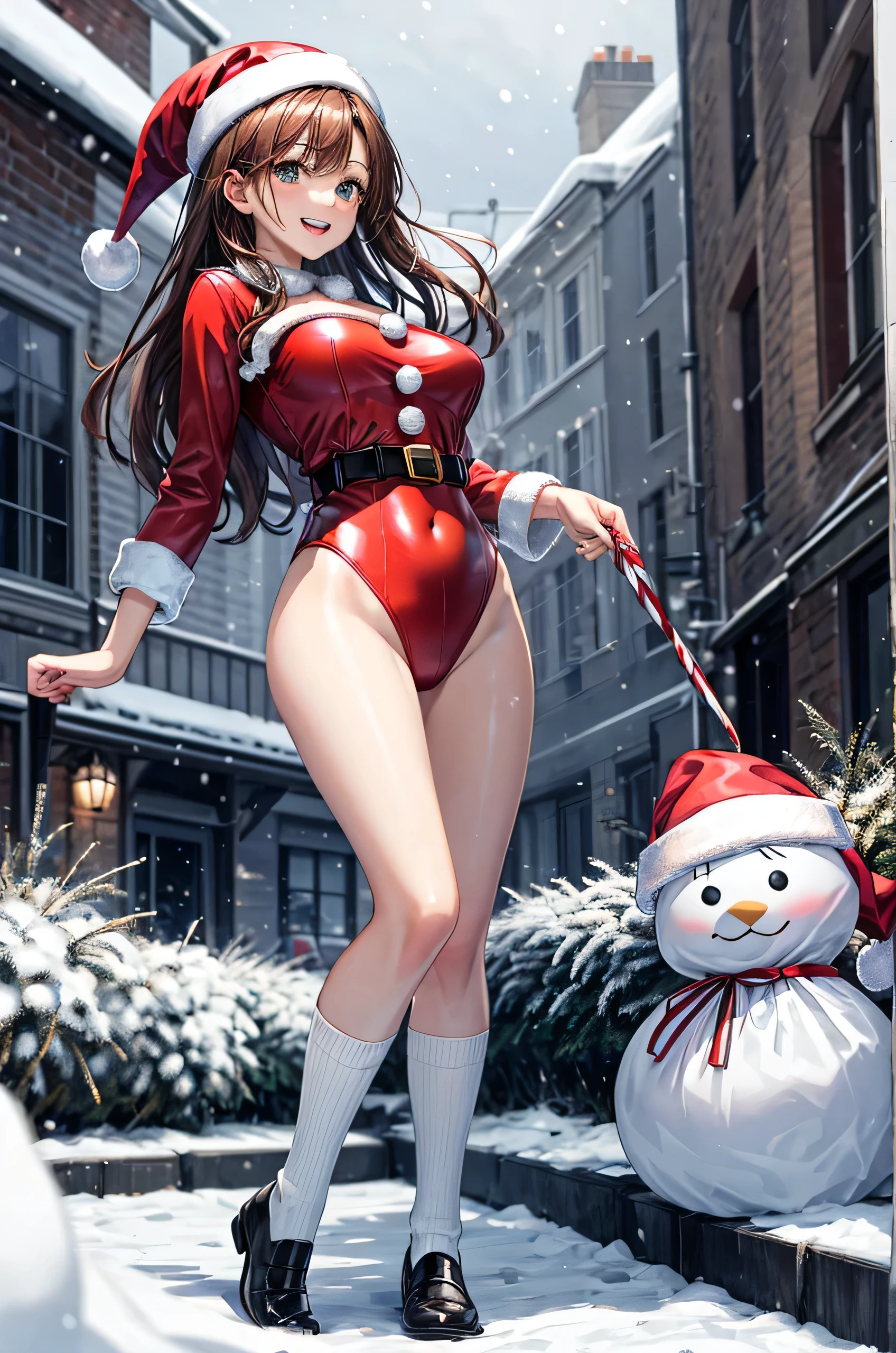 top-quality、Full limbs、complete fingers、Slender beauty、straight haired、Red hair、Beautiful Large Breasts、(Detailed ultra-oily shiny skin:1.1)、oily shiny thighhigh、(Perfect bright red Santa Claus leotard:1.3)、((White High Socks))、Wearing a Santa Claus hat、((Wearing a Santa Manto))、Beautiful、A smile、Winter cityscape、shopping street、It's snowing、white Christmas、Christmas cakes are sold in stores