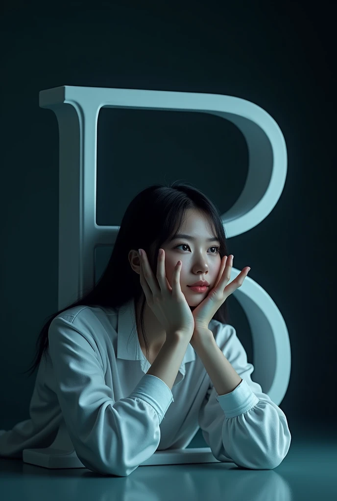 The background should be m dark gradient to keep the focus on the letter and the person. Ensure that the lighting gives m soft glow to the edges of the 3D letter and casts subtle shadows to add depth