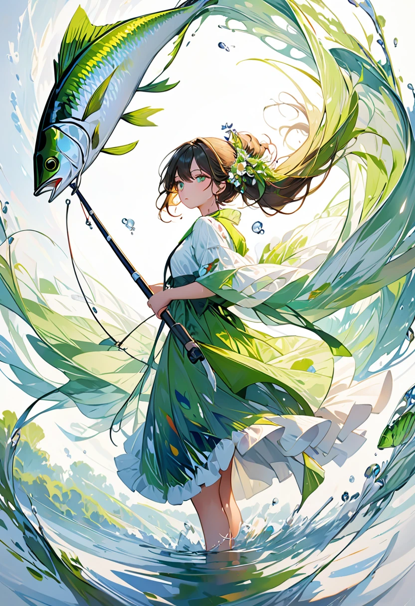 fishing.masterpiece, best quality, Ultra-high resolution, (Very detailed), (1 Fair girl), (abstract:1.4),Green, visually stunning, Fair, Evocative, emotional, ((White background)), green theme,