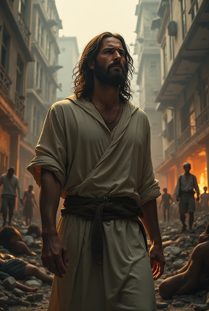 (photorealism:1.2), man in the midst of evil surrounded by suffering today accompanied by Jesus