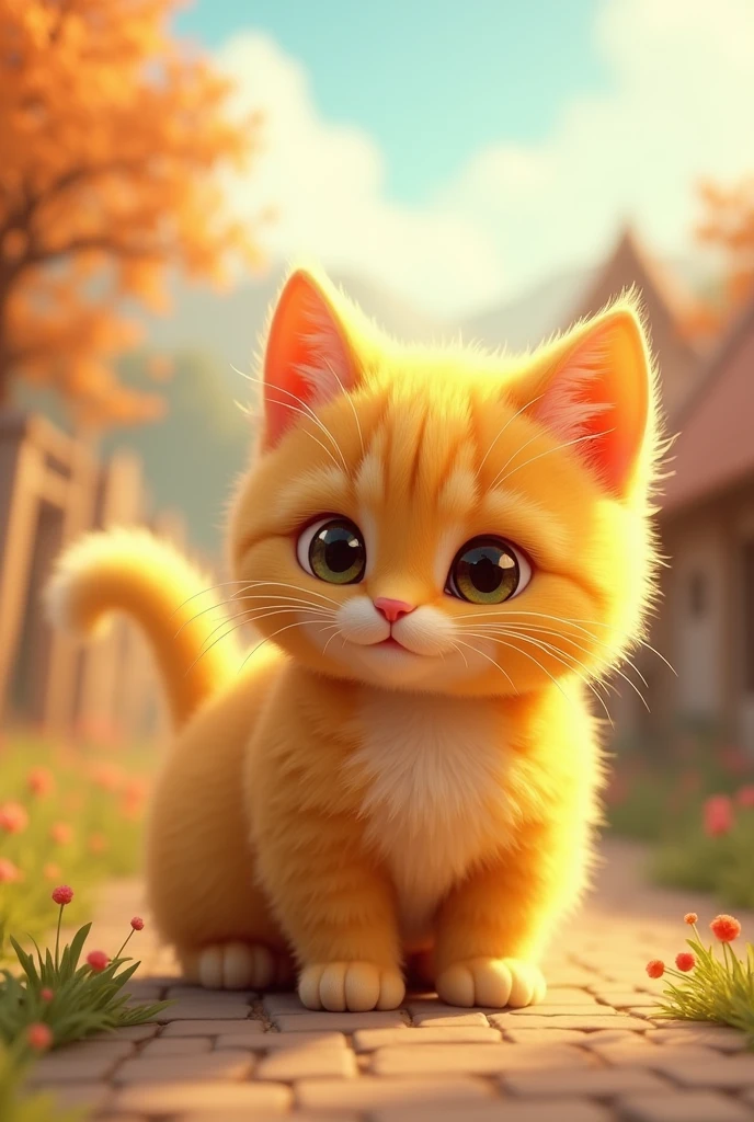 (Top Quality), (Masterpiece), (3D) There lived a yellow cat in a small town, (Cuteness: 1.3), (Loveliness: 1.2), (Beauty of the cat: 1.1), (Fluffy yellow fur), (Charming: 1.2), (Intricate details: 1.1), (Vivid colors), (Bright and sparkling eyes: 1.3), (Elegant pose), (Whiskers: 1.1), (Elegance), (Attractive), (Countryside background), (Soft lighting: 1.1), (Dreamy atmosphere), (Artistic quality), (Exquisite details)