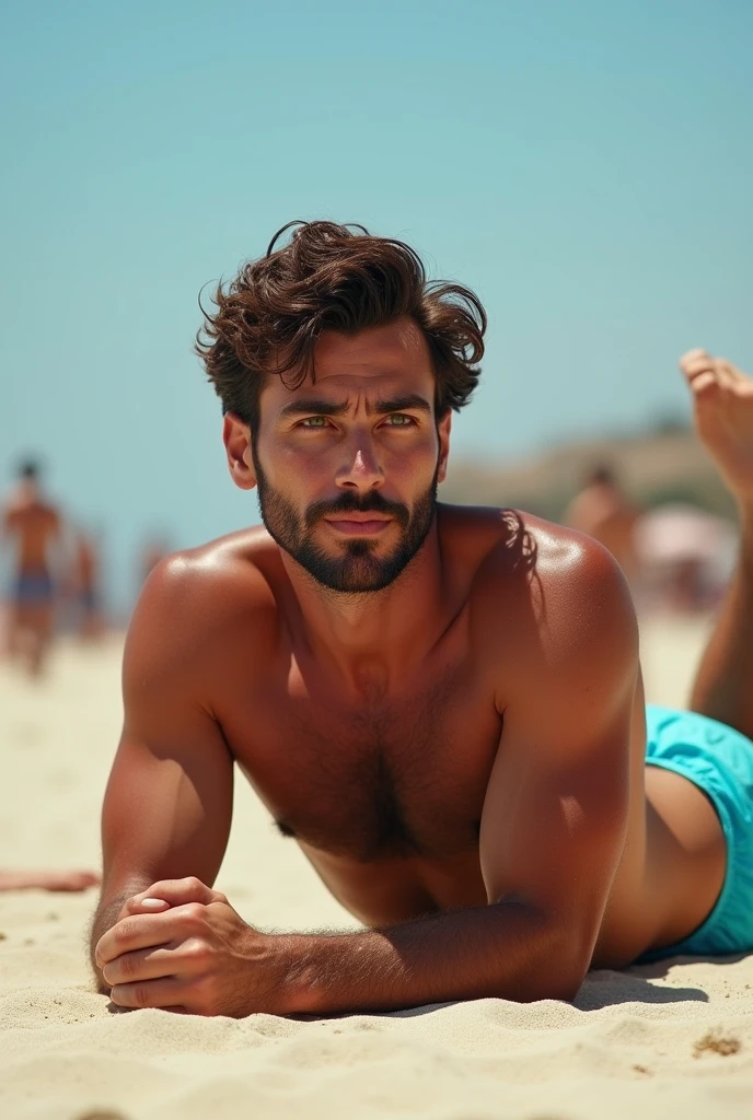 Create a realistic photo, typical Spanish man with a beard and mustache, very handsome man with a charming and deep look, green eyes, brown hair, ((full body)) hyper realistic photos, dressed in colored swim shorts blue, lying on his stomach, on the beach background image: the beach with people around, head to toe, full body, hyper realistic photo