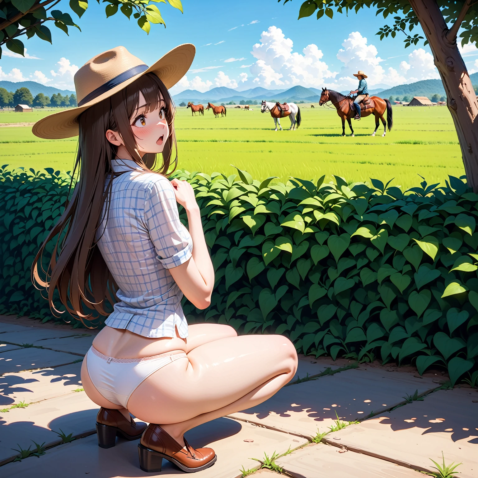 light beige lace small panties, exposed butt cheeks, squat woman crouched on the ground, open mouth, blushed face, scared face, Woman looking to background hiding in high bushes, There is a woman with a cowboy hat and straight brown hair, She's looking away, looking at background, short plaid shirt, crouched hiding, the rural areas, western cowgirl, on a farm, exposed back, exposed hips, exposed legs, exposed butt cheeks, cowboys and horses in the background, busy background