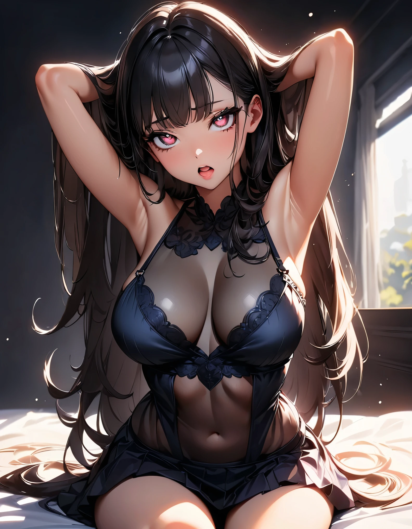 (Highest quality:1.2, Very detailed, up to date, Vibrant, Ultra-high resolution, High Contrast, masterpiece:1.2, Best aesthetics), (((1 person, beautiful girl))), model, Pink Babydoll:1.2, Sheer material, Showing off cleavage, Black Hair, Super long hair, Bangs flipped up to one side, Microscopic face, Beautiful face, Ahegao, Open your mouth slightly:1.1, Beautiful eyelashes, Beautiful maroon eyes, Sparkle in the eyes, Beautiful lips, Waistline, Wearing a see-through baby doll, Sexy Lingerie, ((Sit on the bed, Sit down)), mystery, Hands behind head, Show your armpits, Sexy pose.