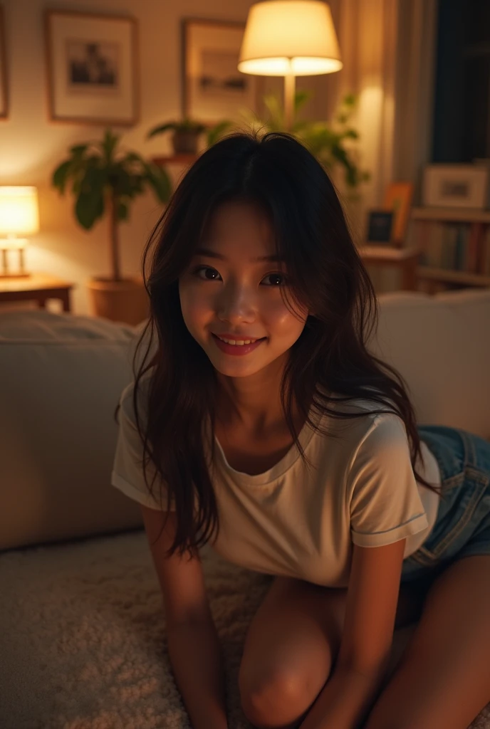 Living room at night with soft lights。A fair-skinned young Japanese woman leaning on a sofa。Selfie style。A fitted t-shirt and shorts。Smiling。