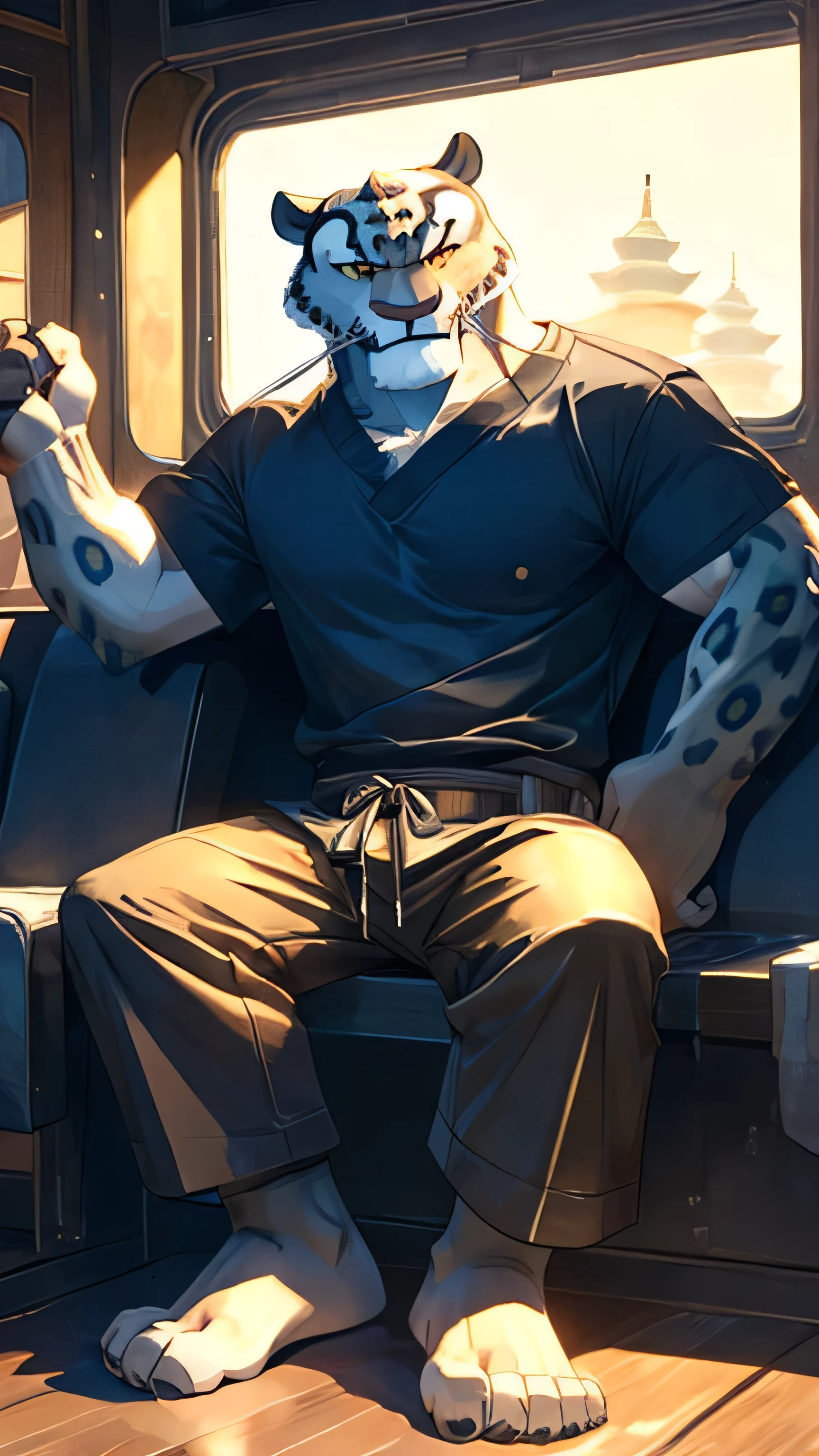 Kung Fu Panda cartoon, furry snow leopard Tai Lung, tall, slender, handsome, extremely beautiful and cute face, perfectly detailed yellow eyes with perfectly detailed black pupils, muscular body, big biceps, gentle look, wears a blue t-shirt, cargo shorts, bare feet, sexy, hot, gentle smile, sitting, in bus