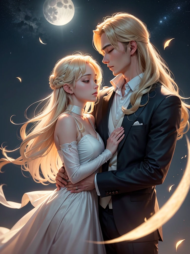 image shows Usagi and Mamoru in a romantic scene under the night sky. Mamoru is holding Usagi in his arms gently as they both look up at the full moon shining brightly in the sky. Usagi, with her long blonde hair flowing, has a serene and passionate expression, snuggled up against Mamoru, who is dressed in a dark, elegant outfit. He watches her fondly, as the silver light of the moon softly illuminates them both. In the background, the starry sky creates a magical and ethereal atmosphere, highlighting the deep bond between them, full of love and protection, as if time had stopped at that moment.