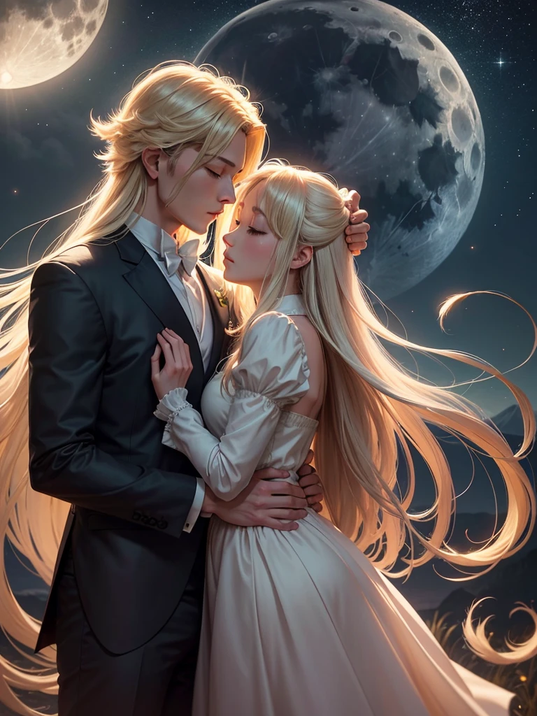 image shows Usagi and Mamoru in a romantic scene under the night sky. Mamoru is holding Usagi in his arms gently as they both look up at the full moon shining brightly in the sky. Usagi, with her long blonde hair flowing, has a serene and passionate expression, snuggled up against Mamoru, who is dressed in a dark, elegant outfit. He watches her fondly, as the silver light of the moon softly illuminates them both. In the background, the starry sky creates a magical and ethereal atmosphere, highlighting the deep bond between them, full of love and protection, as if time had stopped at that moment.