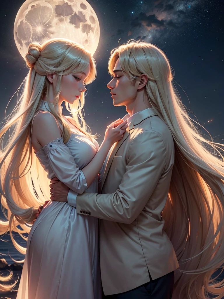image shows Usagi and Mamoru in a romantic scene under the night sky. Mamoru is holding Usagi in his arms gently as they both look up at the full moon shining brightly in the sky. Usagi, with her long blonde hair flowing, has a serene and passionate expression, snuggled up against Mamoru, who is dressed in a dark, elegant outfit. He watches her fondly, as the silver light of the moon softly illuminates them both. In the background, the starry sky creates a magical and ethereal atmosphere, highlighting the deep bond between them, full of love and protection, as if time had stopped at that moment.