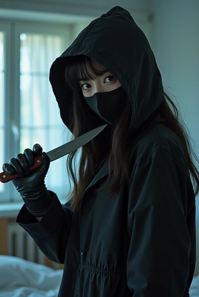 korean girl, (behind stiff, holding knife), stabbing, black surgical mask, black leather gloves, bed room, black raincoat, girl only, hood up, wave hair, holding knife, leather gloves, woman on top, behind cadaver, looking at viewer, blood splatter, white room, night, by the window mass murderer, killer, blood splatter, tripod and camera in the back, shooting with camera
