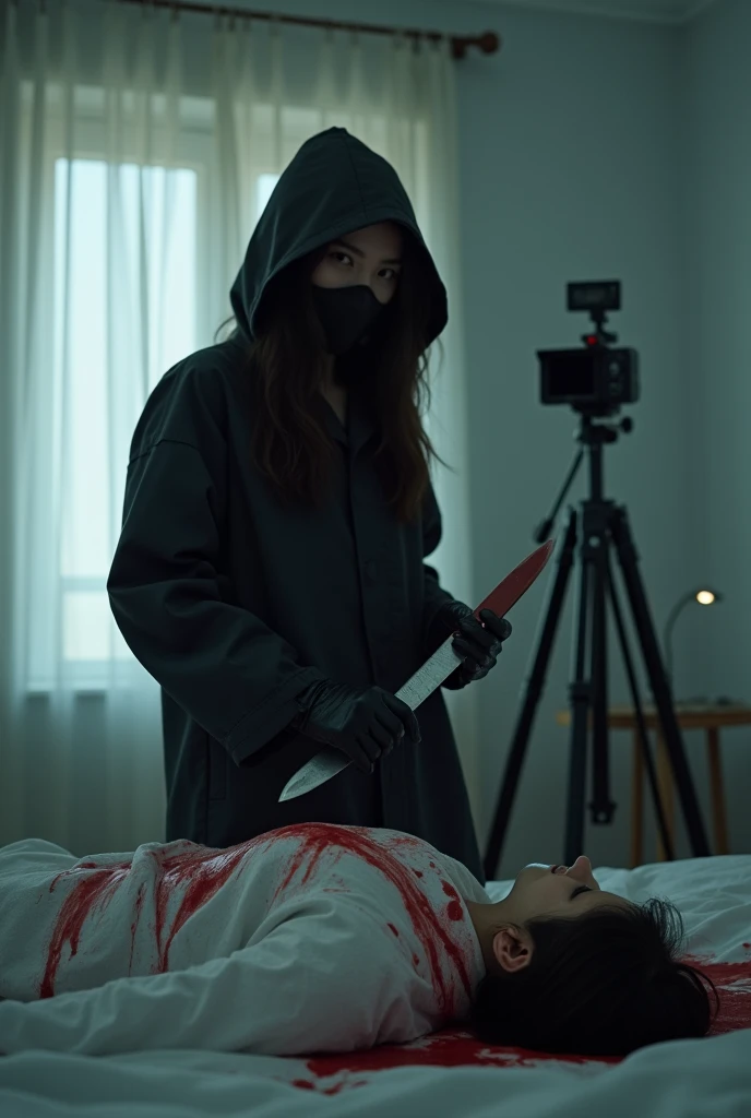 korean girl, (behind stiff, holding knife), stabbing, black surgical mask, black leather gloves, bed room, black raincoat, girl only, hood up, wave hair, holding knife, leather gloves, woman on top, behind cadaver, looking at viewer, blood splatter, white room, night, by the window mass murderer, killer, blood splatter, tripod and camera in the back, shooting with camera