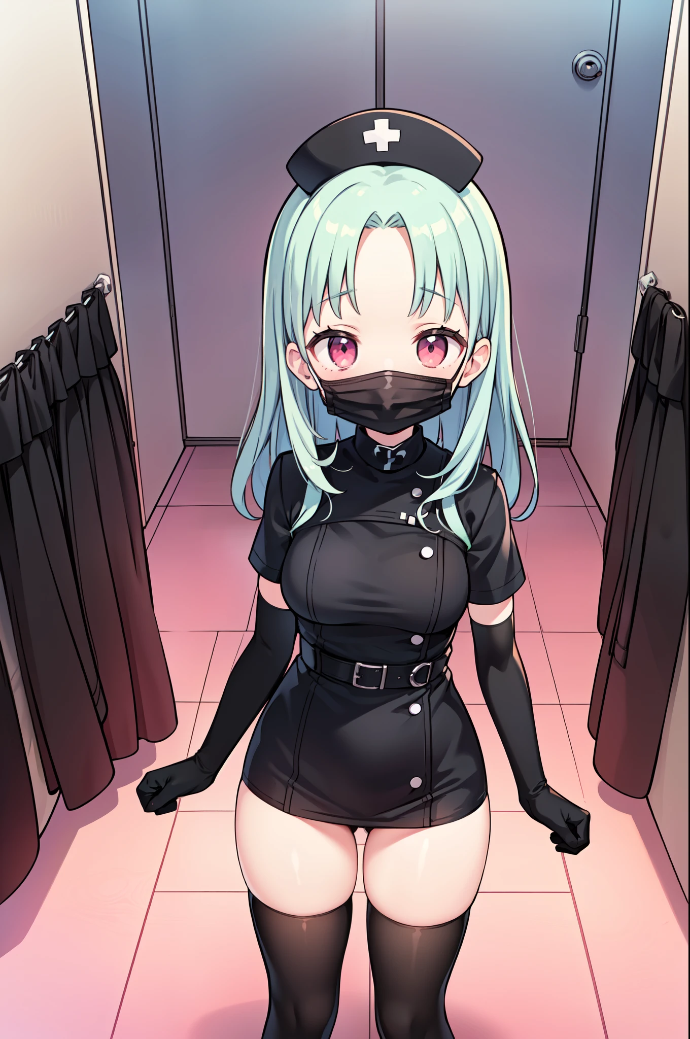 black nurse, 1girl, solo, black nurse cap, black nurse uniform, ((black legwear, zettai ryouiki)), black elbow gloves, ponytail, green hair, pink eyes, ((black surgical mask, covered nose)), standing, ((surgery room)), sharp outline, short sleeves, best quality, masterpiece