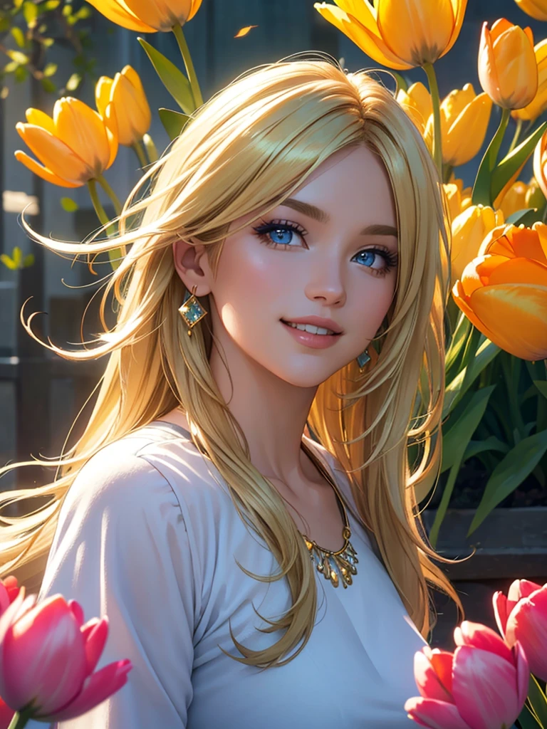 (Best quality,ultra detailed,photorealistic:1.37),Bright and rich colors,studio lighting,playful facial expression,stylish makeup,Long blonde hair fluttering in the wind,inviting eyes,glossy lips,sexy pose, Tulips, I smile confidently and seductively,posing for a professional photo shoot,shallow depth of field,highlighting the main subject,soft natural light,Creating a dreamy and magical atmosphere.