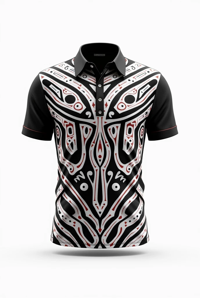 Create collar shirt black collar black red white Maori tribe pattern white background 