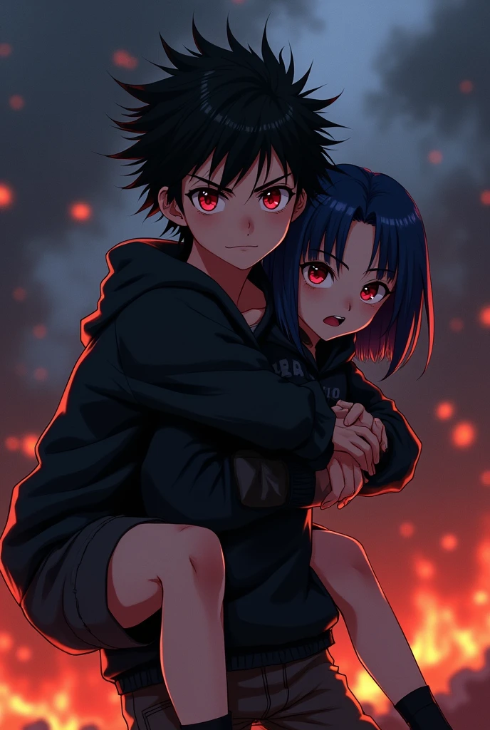 A boy ((( Anime boy , Spiky hair , black hair , black hoodie , blood red eyes , narrowed eye
))) , A girl ((( Anime girl , dark blue hair , modern day mullet hair style , black hoodie , red eyes , almond eye ))) , boy carrying girl , girl behind boy , piggy back ride , dark background , fire in background