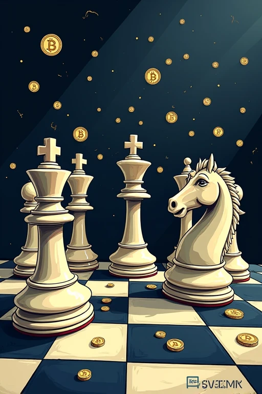 Illustration of a chessboard with three main pieces: a knight (representing Kennedy), a king (Trump), and a queen (Harris). The knight is moving towards the king's side. Bitcoin symbols are scattered across the board like pawns. In the background, a large 'Polymarket' logo with fluctuating poll numbers. Use a mix of traditional chess piece design and modern crypto symbolism.
