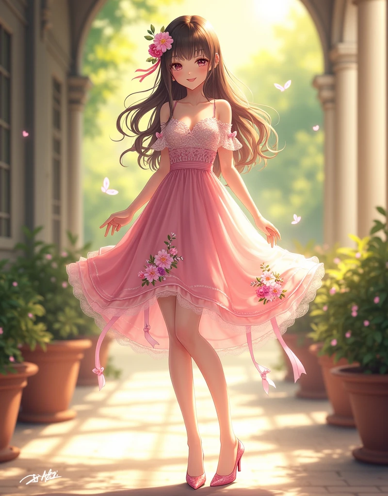Ultra high quality,Long legs,Smile,Sunlight,Lace off-the-shoulder,Wear flowers on your head,student,charming,Ribbon,Pink skirt,Flowers on skirt,High heel,School Belle,whole body