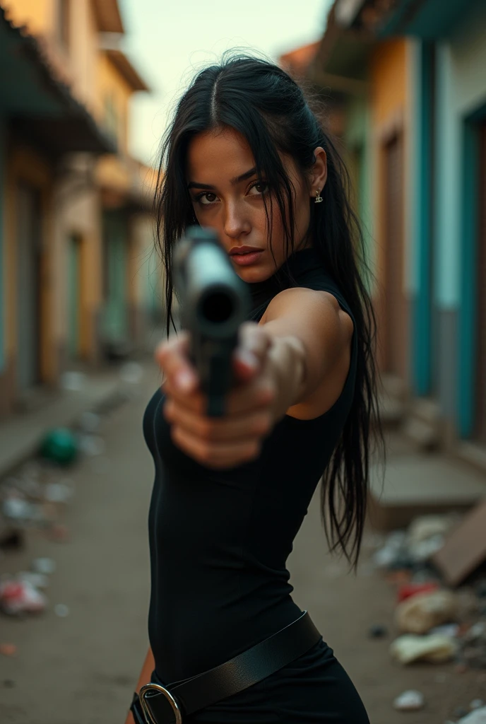 masterpiece, a beautiful Brazilian girl of 24 years in a favela of Sao Paulo fighting in urban war, She fights in a war of urban gangs Brazilian. holding a pistol [Revolver] colt python ((Colt Python 357 Magnum)), Fighting posture, debris and garbage everywhere, Gang war drama, half-body shooting, very hot day, Beautiful Brazilian face, a woman in black outfit holding a gun in an alley, Location ( favela _ wall ), photograph of a woman techwear, urban fantasy style, beautiful woman, posing in an urban street, beautiful cyberpunk woman model, beautiful woman assassin, urban fantasy, detective, gothic city streets behind her, in a post-apocalyptic city, Thief, 16k, ultra high resolution.Photorealistic, UHD, RAW