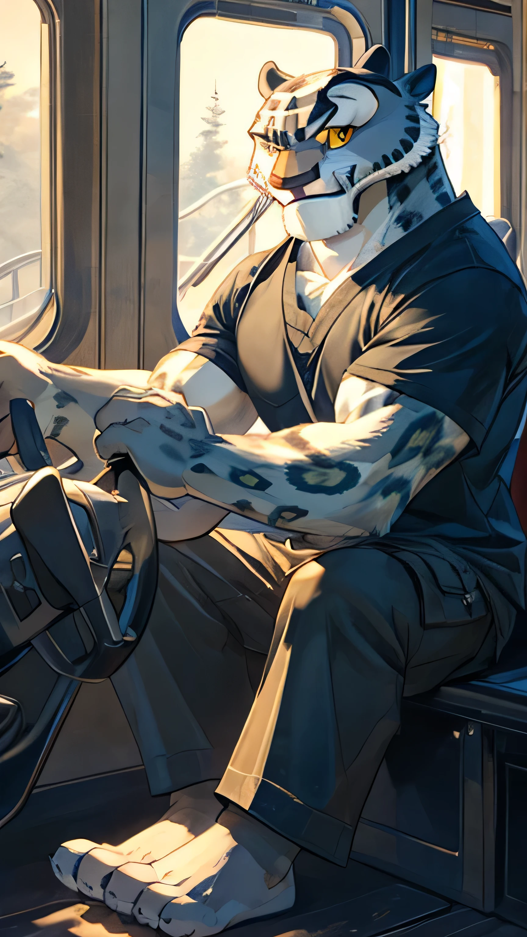 Kung Fu Panda cartoon, furry snow leopard Tai Lung, tall, slender, handsome, extremely beautiful and cute face, perfectly detailed yellow eyes with perfectly detailed black pupils, muscular body, big biceps, gentle look, wears a blue t-shirt, cargo shorts, bare feet, sexy, hot, gentle smile, sitting, in bus