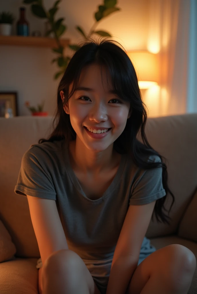Living room at night with soft lights。A fair-skinned young Japanese woman leaning on a sofa。Selfie style。A fitted t-shirt and shorts。Smiling。